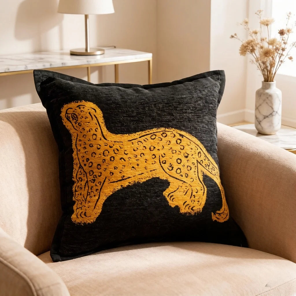 Retro brown leopard throw pillow cover with embroidered animal pattern design