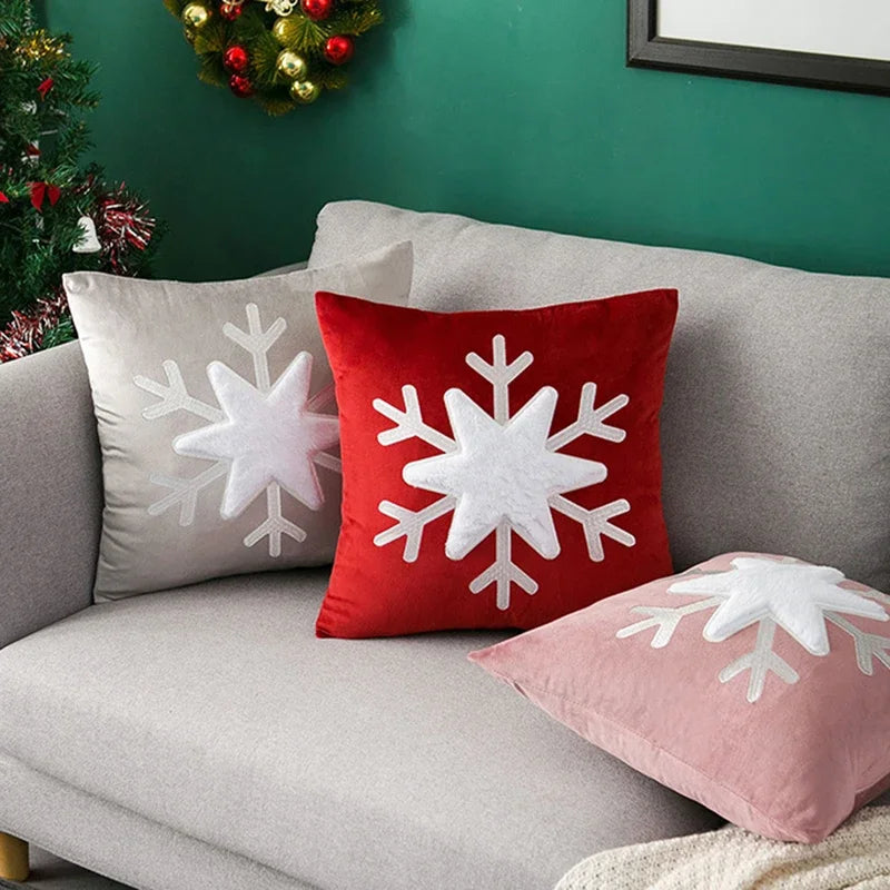 Christmas snowflake velvet pillow cover with festive winter pattern on soft plush fabric