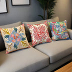 Colorful marine life throw pillows styled on modern living room sofa