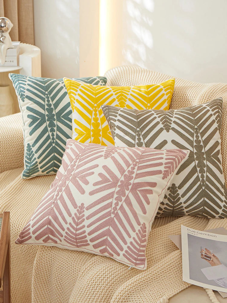 Embroidered Leaf Pillow Cover