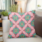 Pink mandala decorative pillow cover with vibrant multicolor geometric pattern design