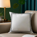 White pillow with decorative black border on a beige sofa against a green wall with a lamp and plant.