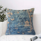 Blue chinoiserie vintage pillow cover with elegant floral and oriental pattern on plush fabric