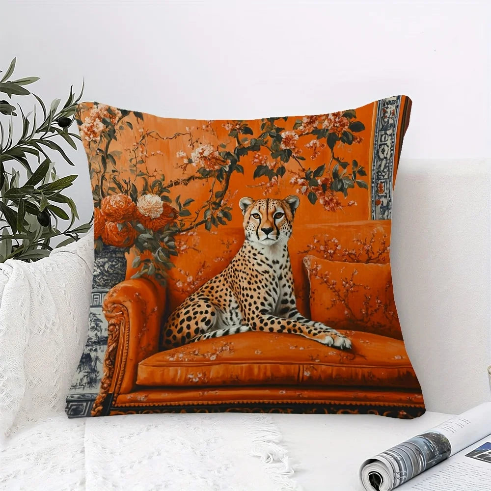Orange chinoiserie pillow cover with cheetah motif and elegant oriental pattern design