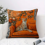 Orange chinoiserie pillow cover with cheetah motif and elegant oriental pattern design