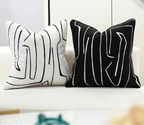 Two black and white abstract patterned pillows on a couch.