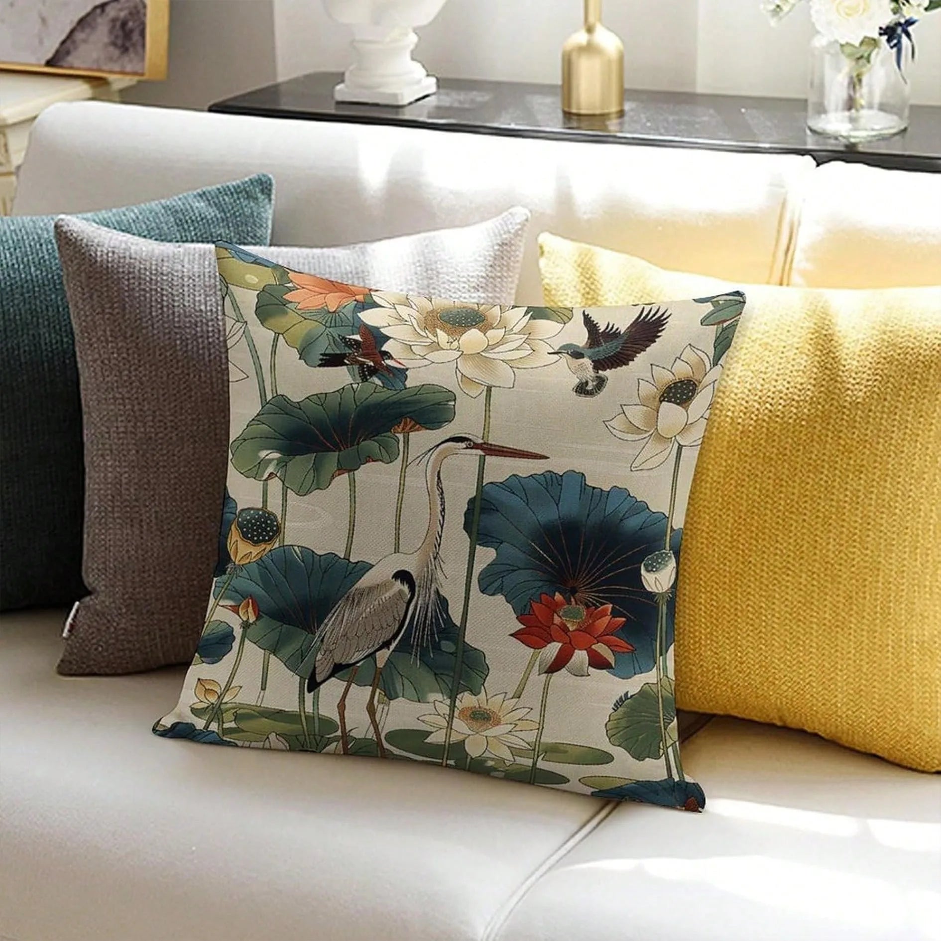 Bird Lotus Vintage Pillow Cover