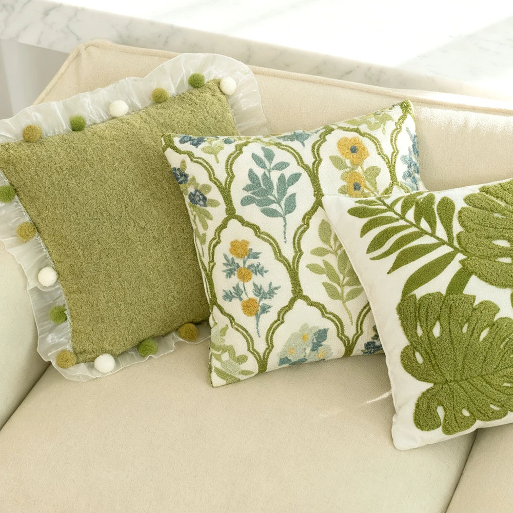 Green Embroidered Towel Pillow Cover