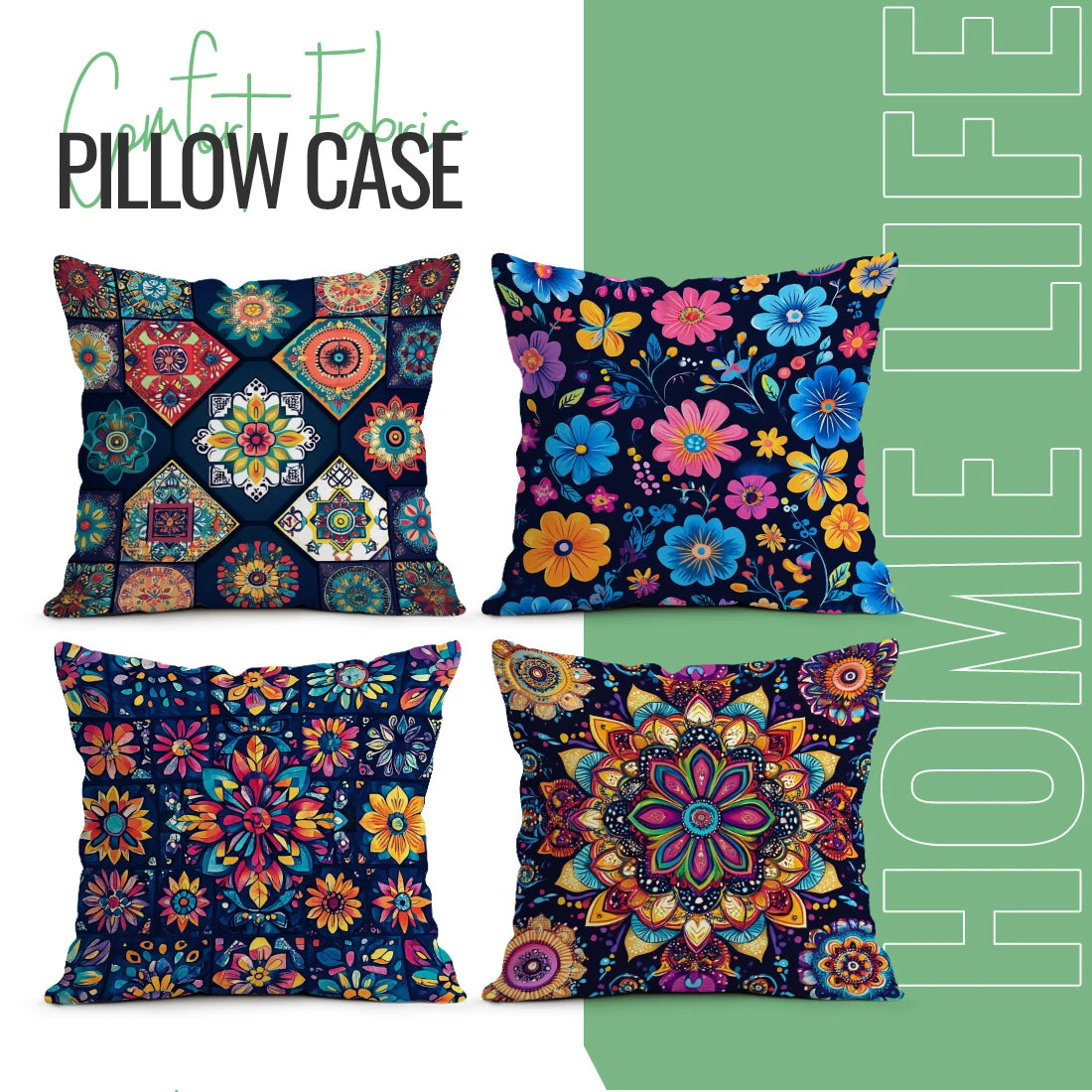 Four colorful patterned pillow cases on a green and white background with text.
