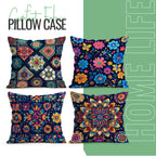 Four colorful patterned pillow cases on a green and white background with text.