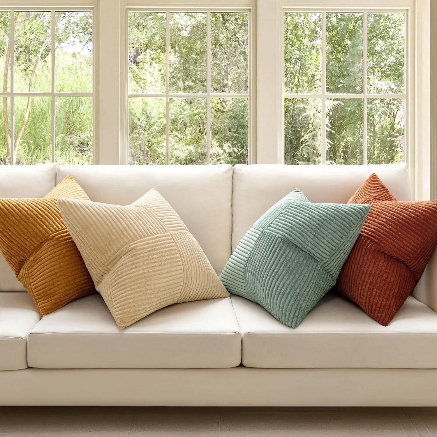 Neutral and green corduroy striped pillows styled in bright living room