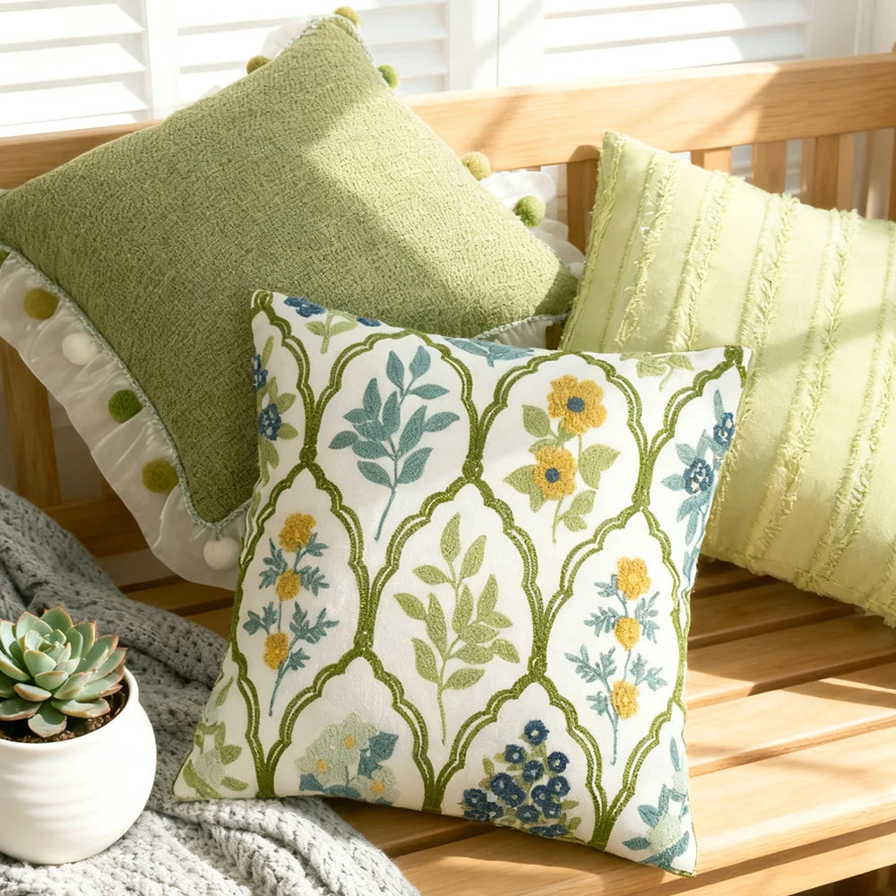 Green Embroidered Towel Pillow Cover