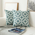 Teal and white patterned pillows on a couch with a magazine and blanket.