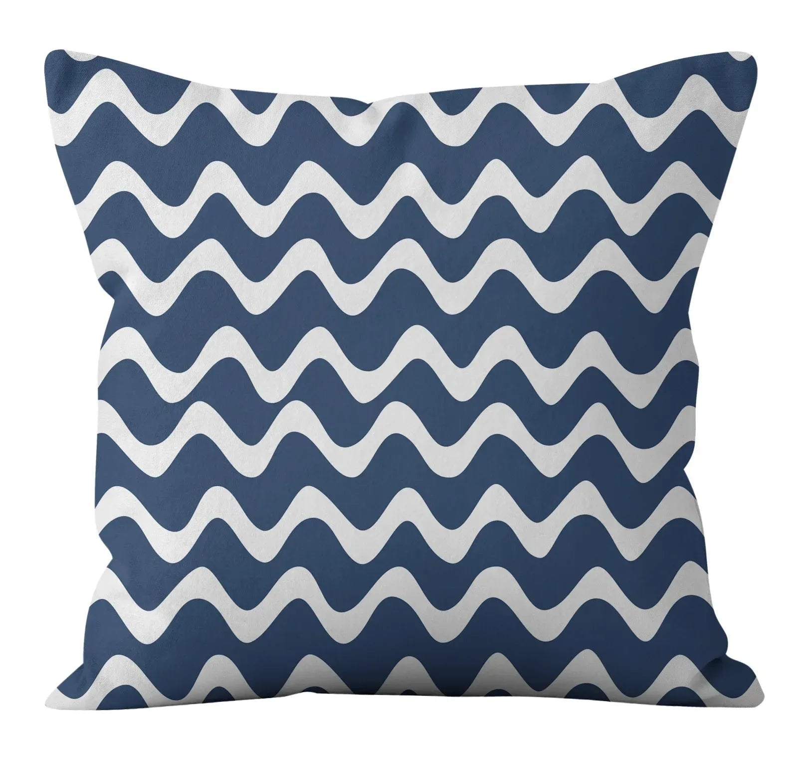 Navy blue pillow with white wavy pattern on a white background