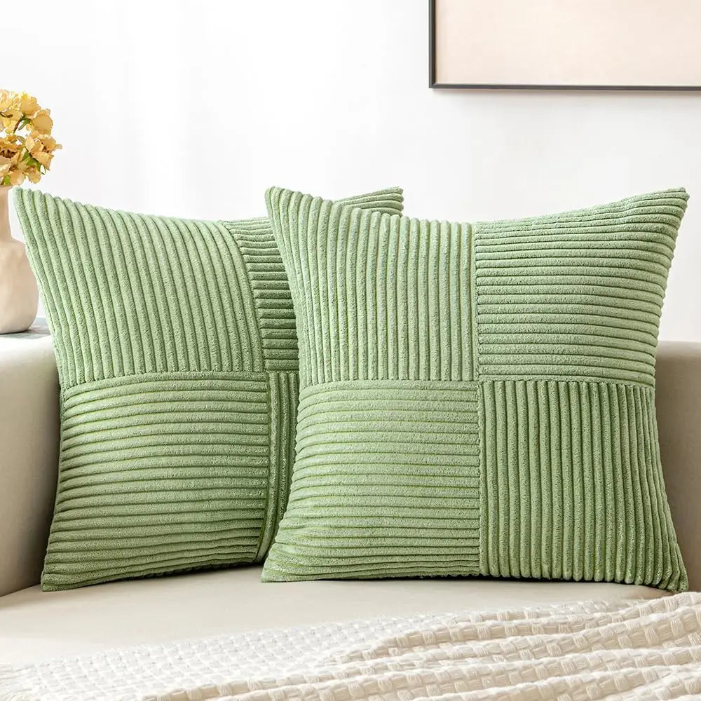 Light green corduroy pillow covers with minimalist striped design