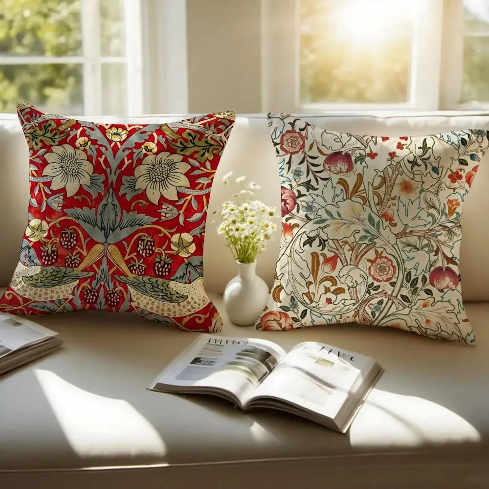 Decorative pillows with floral patterns on a couch next to an open magazine and small vase.