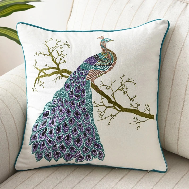 Peacock  Embroidery Animal Pillow Cover