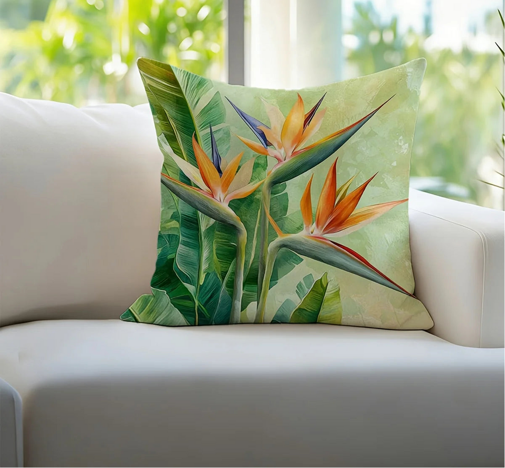 Bird of paradise tropical pillow cover with lush green leaves and vibrant floral botanical design
