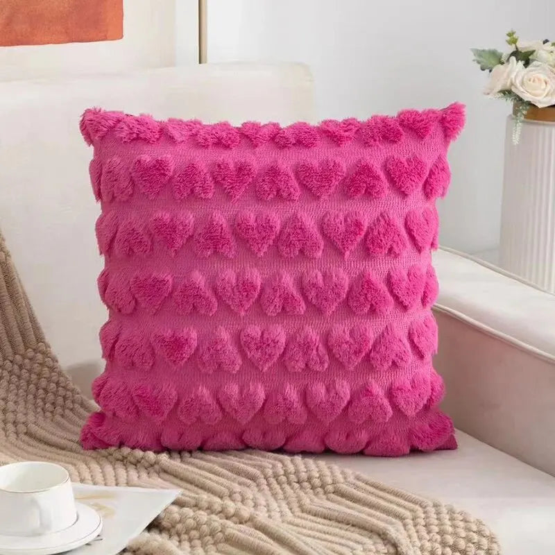 Pink love plush Valentine pillow cover with soft fluffy texture in romantic solid color design