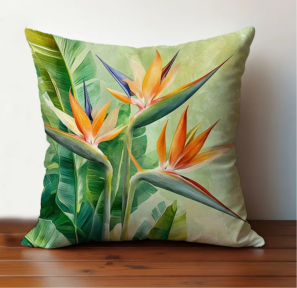 Bird of paradise tropical pillow cover with lush green leaves and vibrant floral botanical design