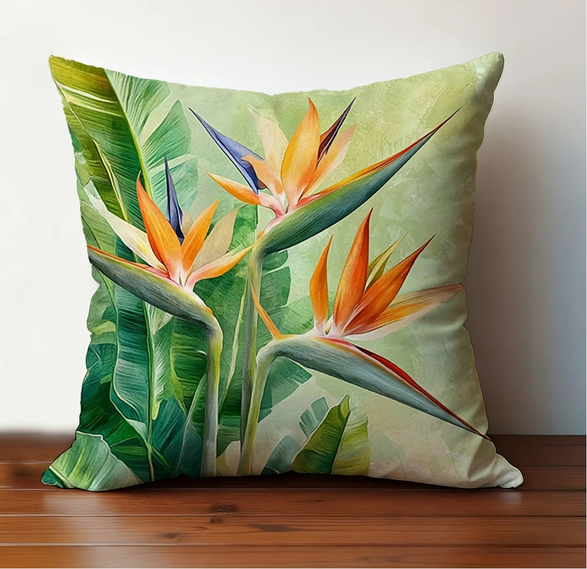 Bird of paradise tropical pillow cover with lush green leaves and vibrant floral botanical design