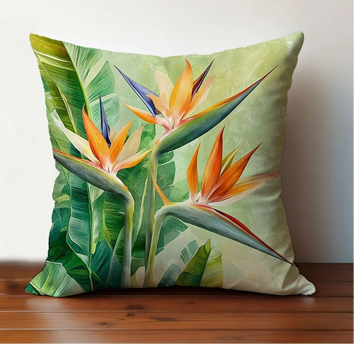 Bird of paradise tropical pillow cover with lush green leaves and vibrant floral botanical design