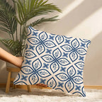 Ink blue geometric plush pillow cover with modern abstract pattern on soft fabric