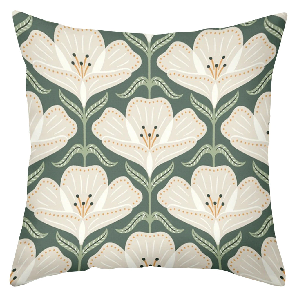 Green floral back cushion pillow cover with botanical pattern on soft durable fabric