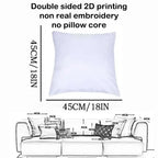 White pillow with dimensions and a sofa illustration showing its use.