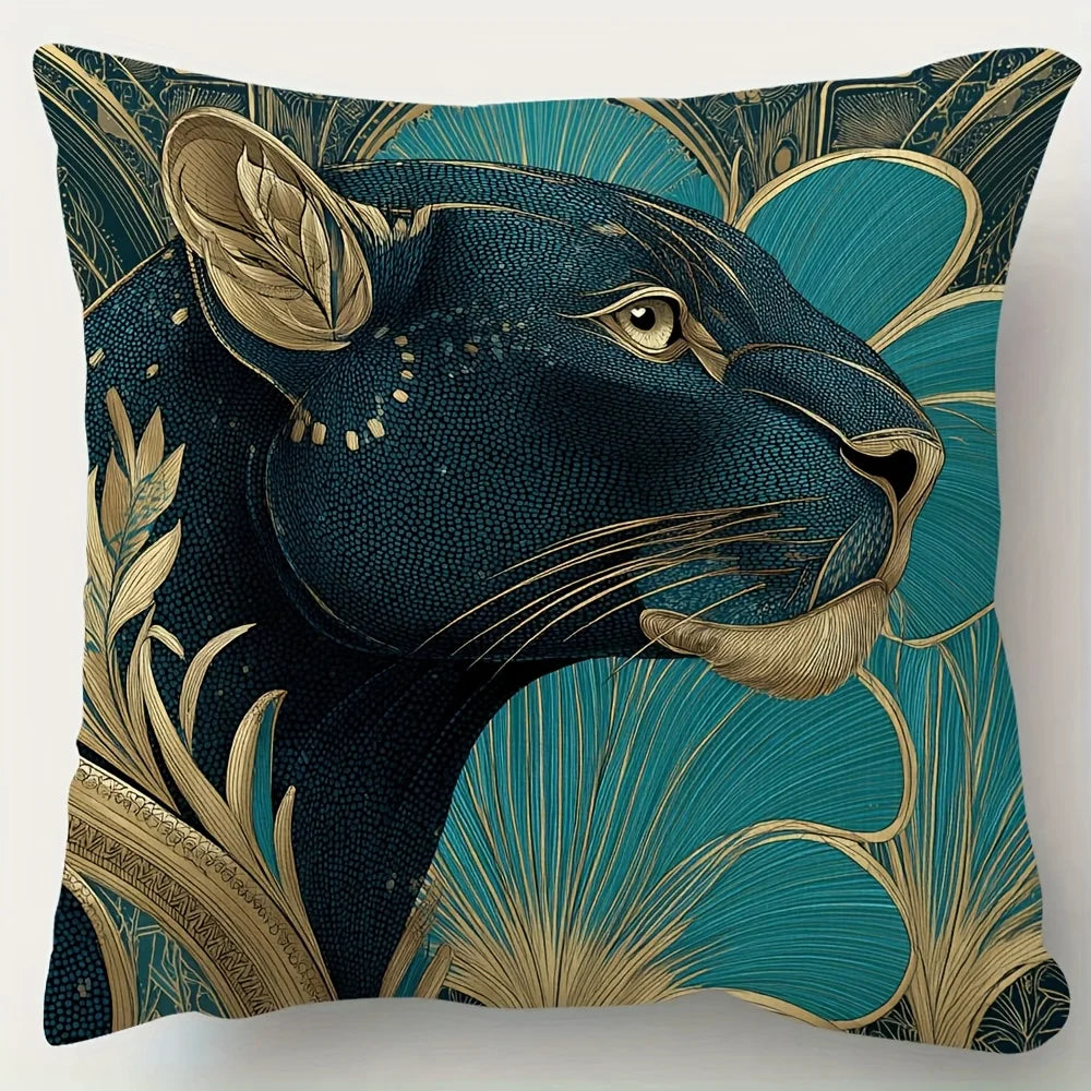 Double-sided art deco leopard pillow cover in teal and gold with bold animal pattern design