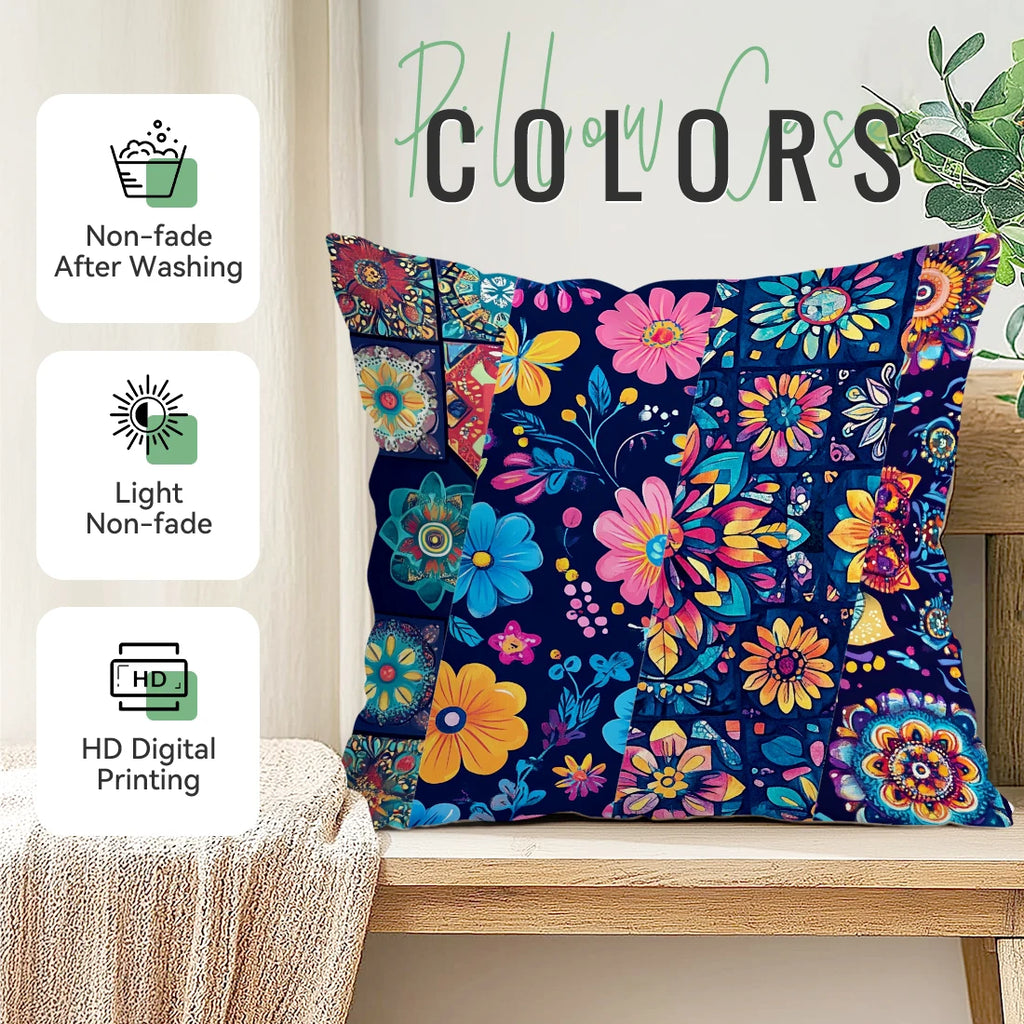 Floral patterned pillow on a wooden bench with 'Pillow Colors' branding and product features.