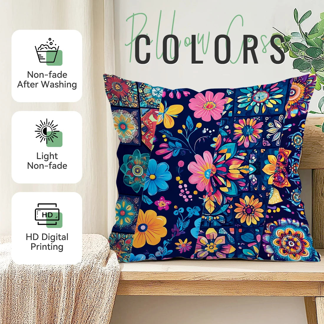 Floral patterned pillow on a wooden bench with 'Pillow Colors' branding and product features.