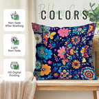 Floral patterned pillow on a wooden bench with 'Pillow Colors' branding and product features.