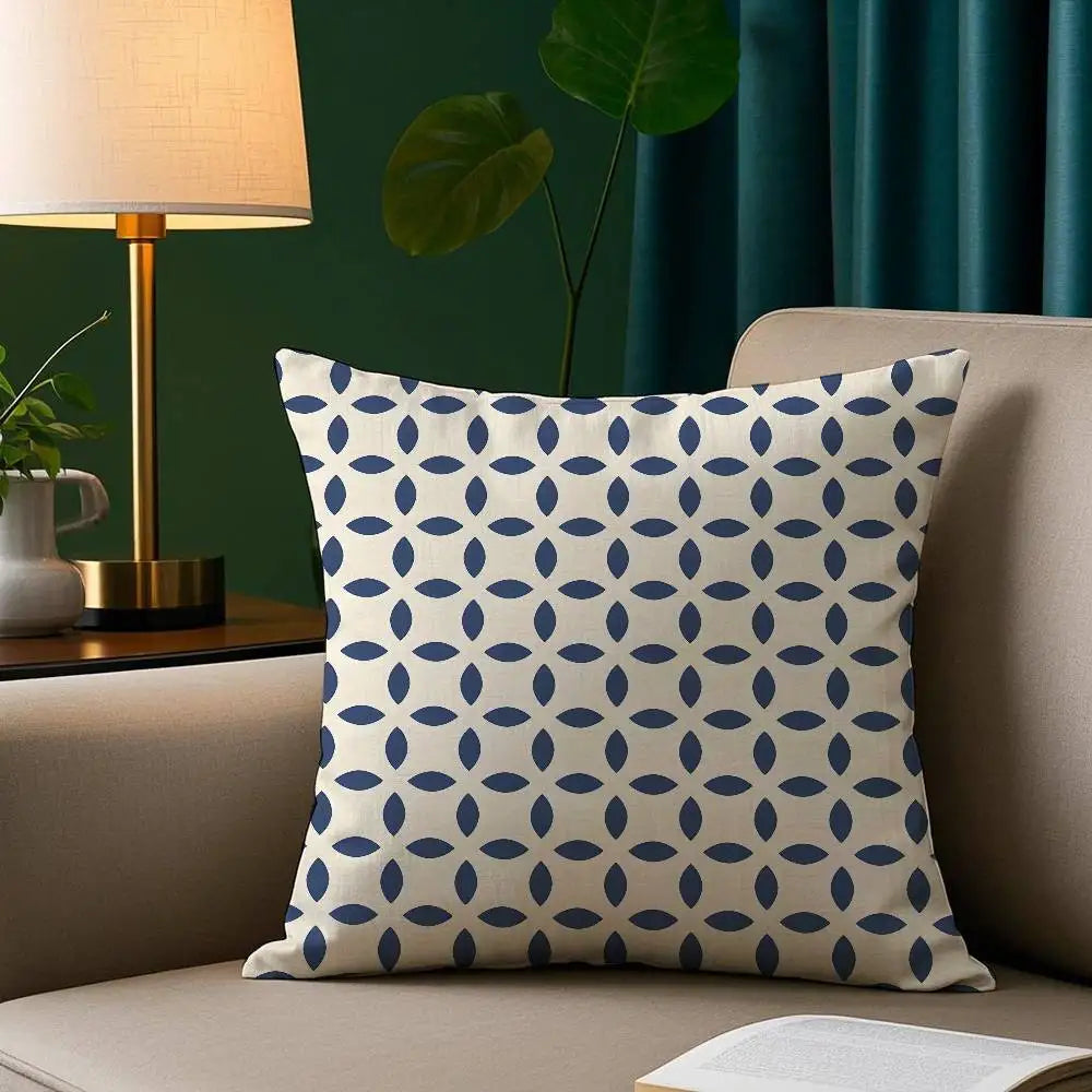 Ink blue geometric plush pillow cover with modern abstract pattern on soft fabric