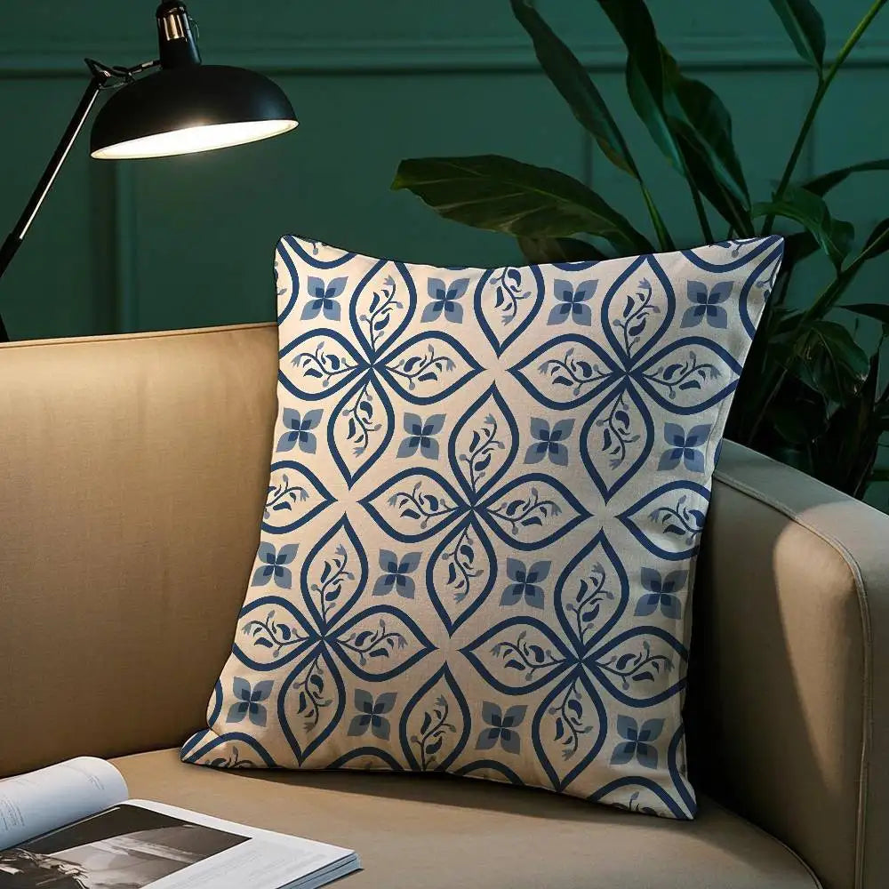 Ink blue geometric plush pillow cover with modern abstract pattern on soft fabric
