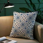 Ink blue geometric plush pillow cover with modern abstract pattern on soft fabric