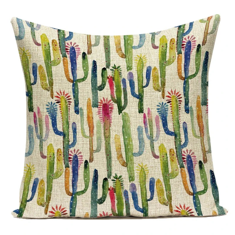 Decorative pillow with colorful cactus pattern on a beige background
