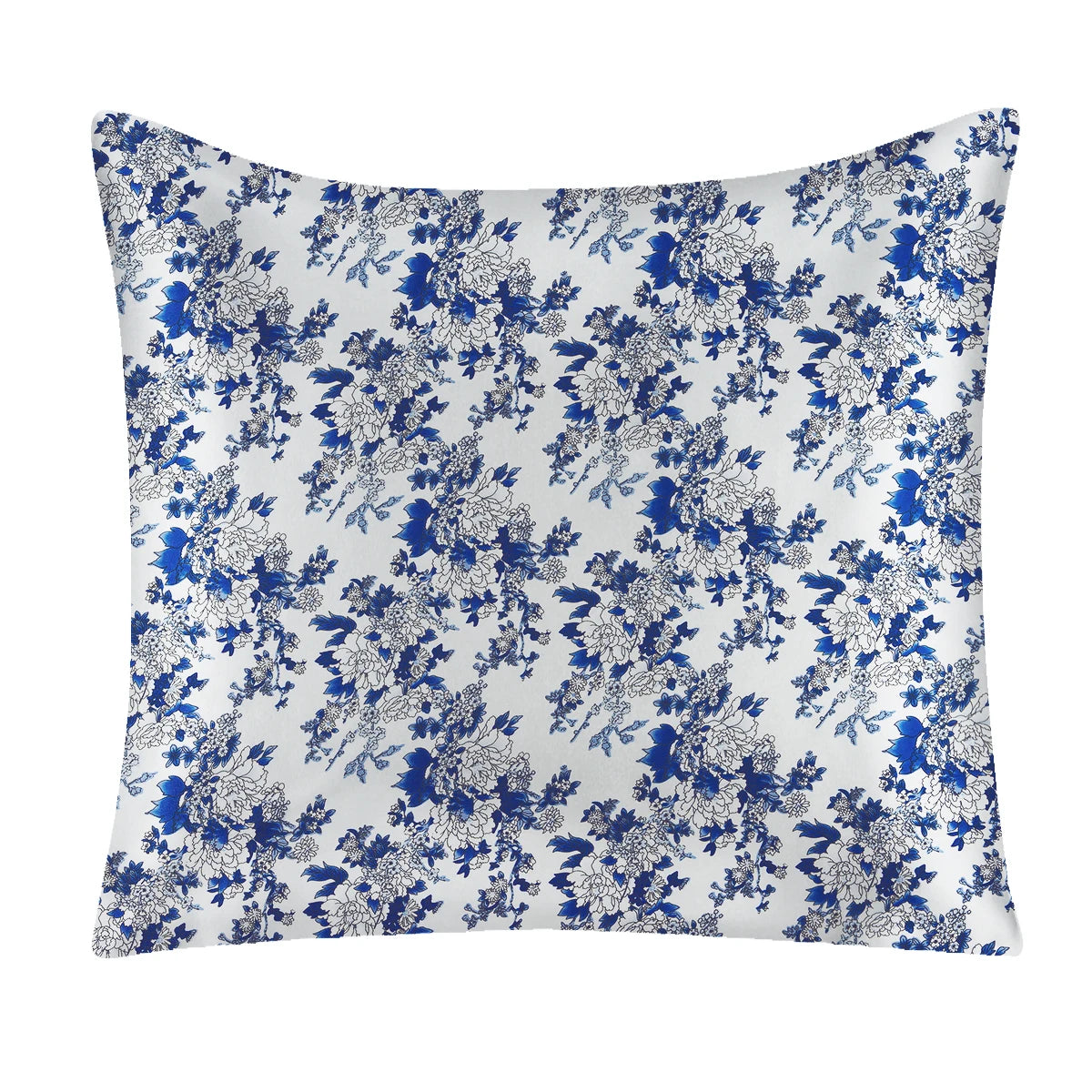 Floral patterned pillow with blue and gray flowers on a white background