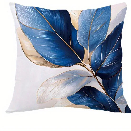 Blue gold leaf pillow cover with elegant botanical pattern on soft peachskin fabric