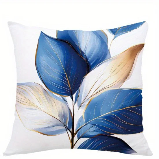 Blue gold leaf pillow cover with elegant botanical pattern on soft peachskin fabric