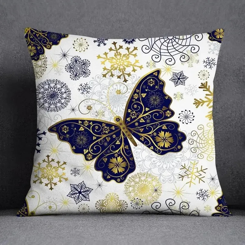 Decorative pillow cover with gold butterfly and floral mandala design