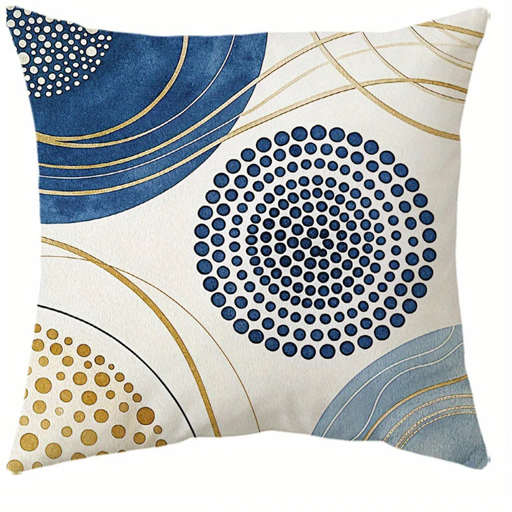 Blue decorative pillow cover with gold leaf botanical pattern on soft fabric