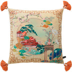Decorative pillow with Chinese landscape design and tassels on a beige background