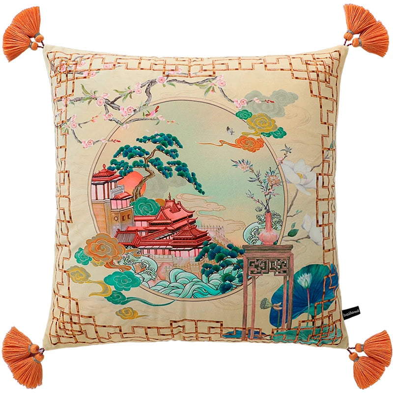 Decorative pillow with Chinese landscape design and tassels on a beige background