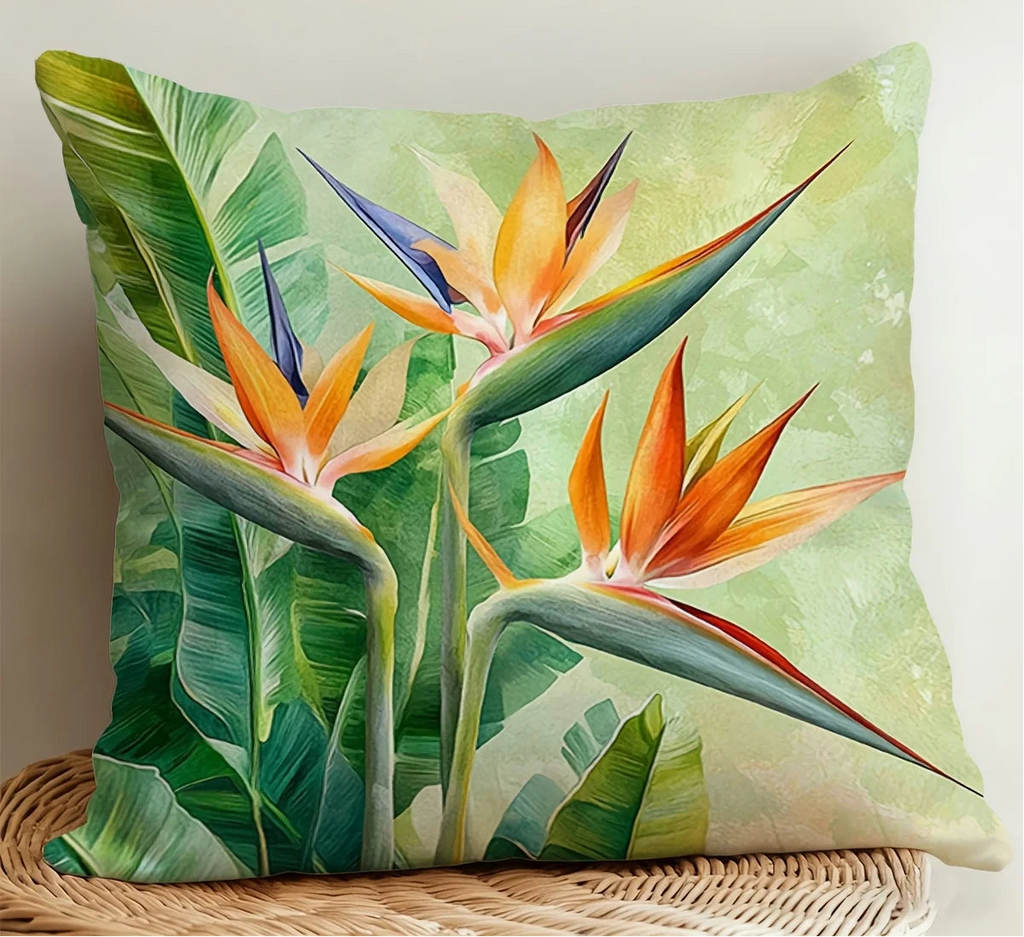 Bird of paradise tropical pillow cover with lush green leaves and vibrant floral botanical design