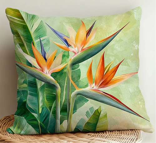 Bird of paradise tropical pillow cover with lush green leaves and vibrant floral botanical design