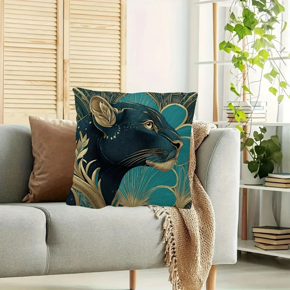 Double-sided art deco leopard pillow cover in teal and gold with bold animal pattern design