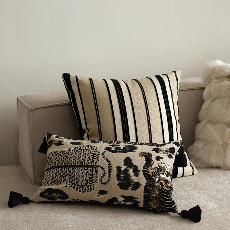 Retro leopard stripe pillow cover in brown and black with geometric animal print design