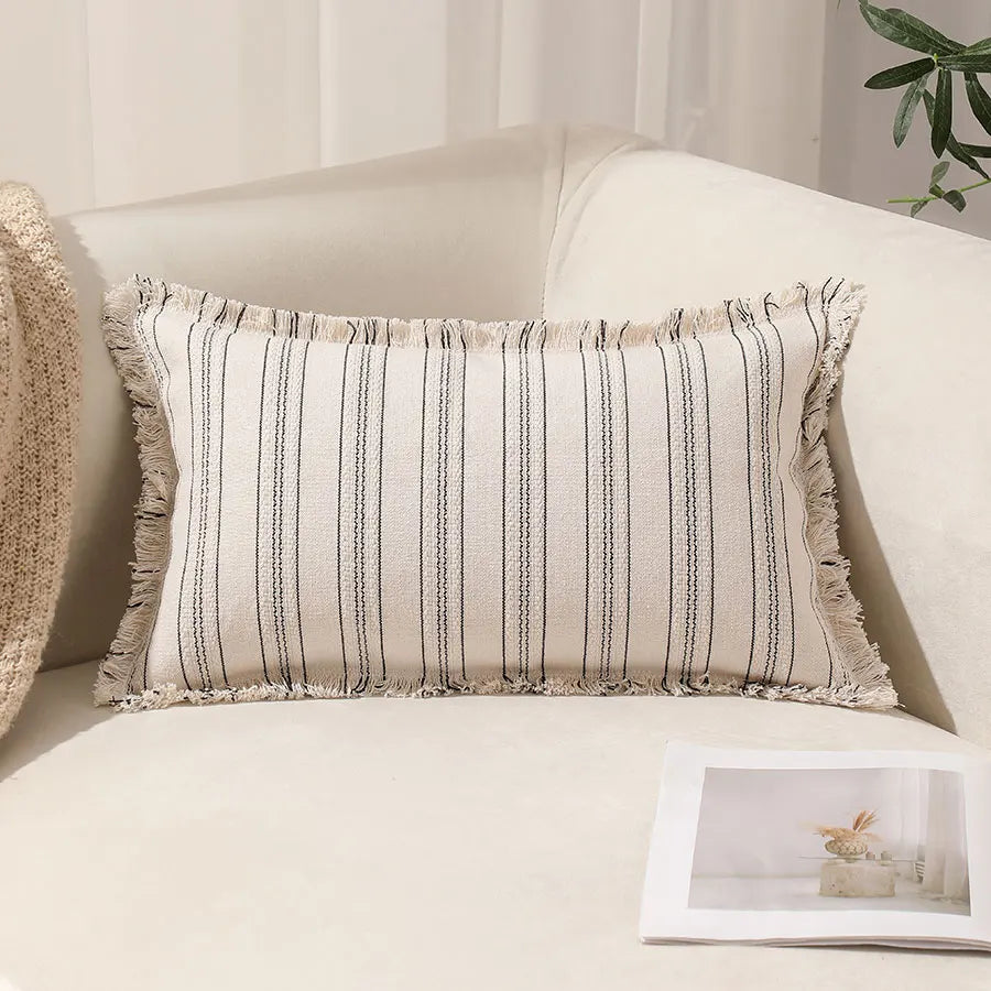 Boho Striped Fringed Pillow Cover