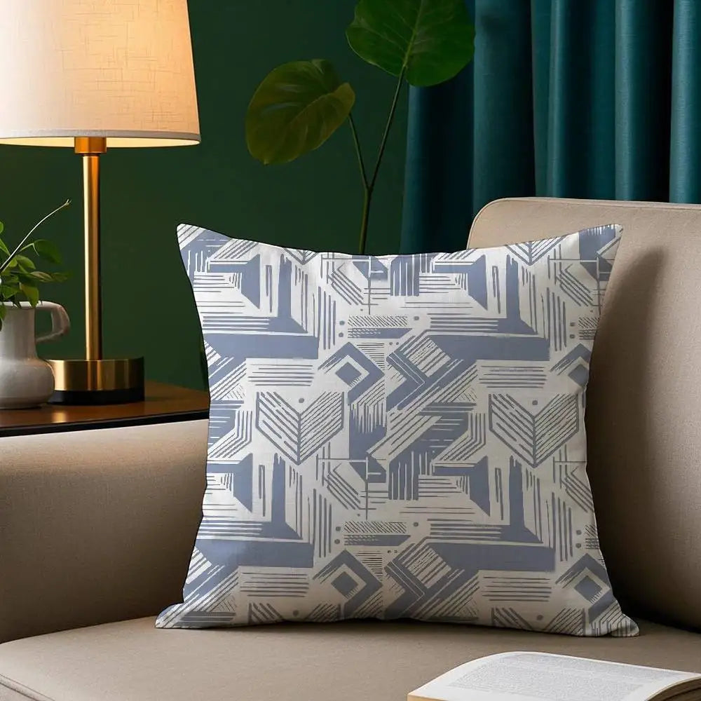 Ink blue geometric plush pillow cover with modern abstract pattern on soft fabric